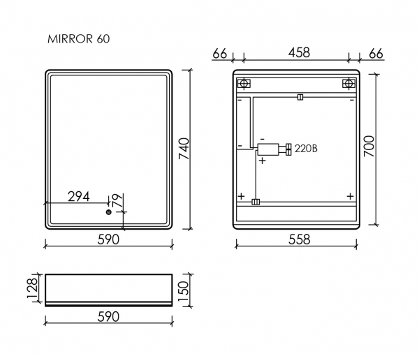 Зеркальный шкаф для ванной комнаты SANCOS Mirror 590x150х740 мм, с LED подсветкой, цвет дуб чарльстон, арт. MI60ECH