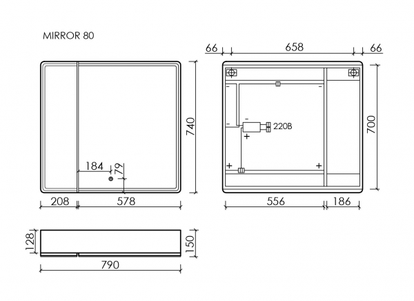 Зеркальный шкаф для ванной комнаты SANCOS Mirror 790x150х740 мм, с LED подсветкой, цвет дуб чарльстон, арт. MI80ECH