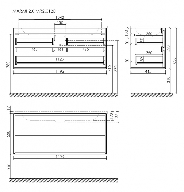 Тумба подвесная SANCOS Marmi 2.0 1195х445х520 c двумя ящиками оснащенными доводчиками скрытого монтажа, цвет дуб галифакс натуральный, арт. MR2.0120EG