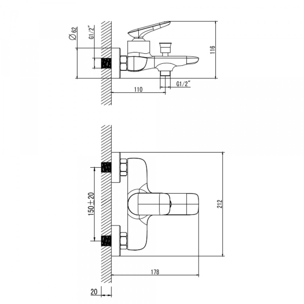 AQM6512GM Como Смеситель для ванны однорычажный, с душевым набором, 3 режима, серый матовый