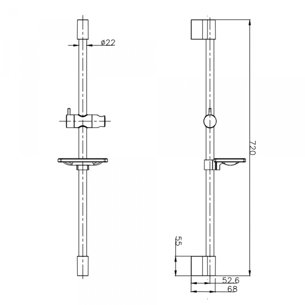 AQM8203CR Душевая штанга 640мм с мыльницей, Хром