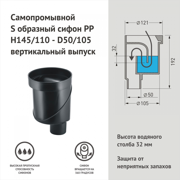 Желоб BERGES водосток SIMPEL 400, матовый хром, S-сифон D50/105 H50 вертикальный