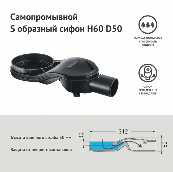 Желоб BERGES водосток SUPER Slim 400, хром глянец, S-сифон D50 H60 боковой