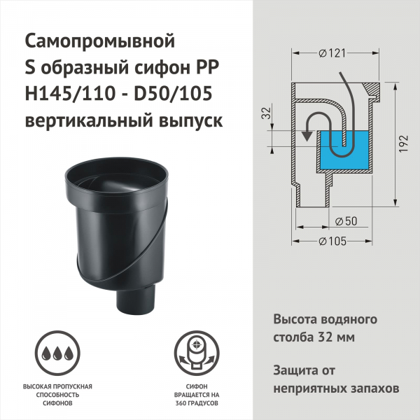 Желоб BERGES водосток напольный B1 Keramik 800 нержавеющая сталь, матовый черный, S-сифон D50/110 вертикальный