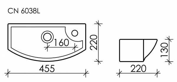 Умывальник подвесной прямоугольный  с крепежом (чаша слева, отверстие под смеситель справа) Element 455*220*130мм