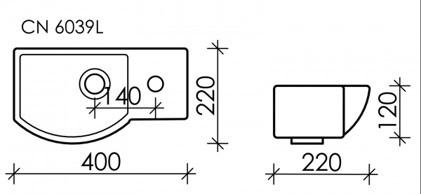Умывальник подвесной прямоугольный  с крепежом (чаша слева, отверстие под смеситель справа) Element 400*220*120мм