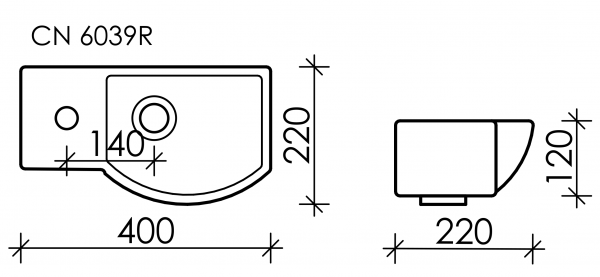 Умывальник подвесной прямоугольный  с крепежом (чаша справа, отверстие под смеситель слева) Element 400*220*120мм